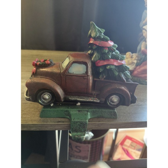 Decorative Resin Truck with Christmas Tree Stocking Hanger, Red Green Brown - Picture 6 of 6